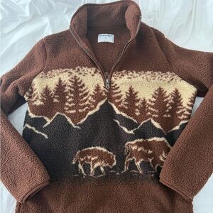 Viral Old Navy Brown Zip-Up Sweater Sherpa with Mountain Design
